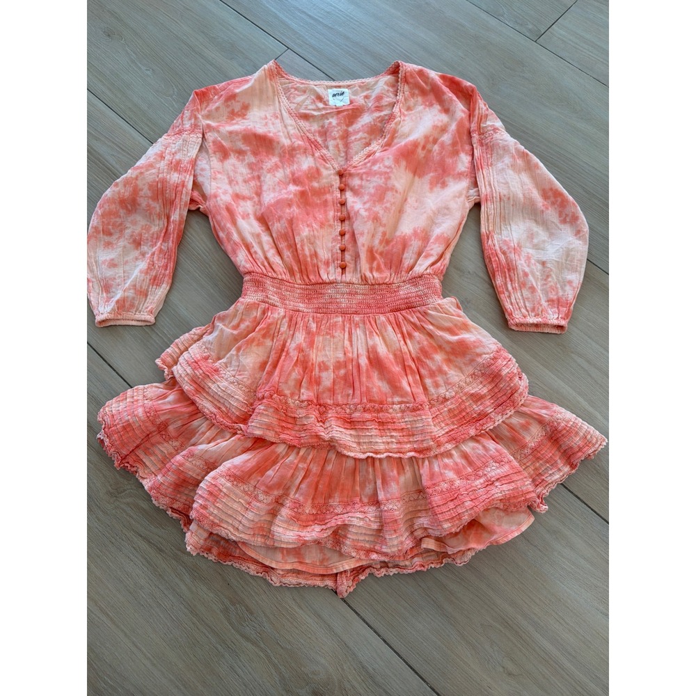 Aerie Tie Dye Tiered Ruffle Dress Orange Pink Smocked Waist Small‎